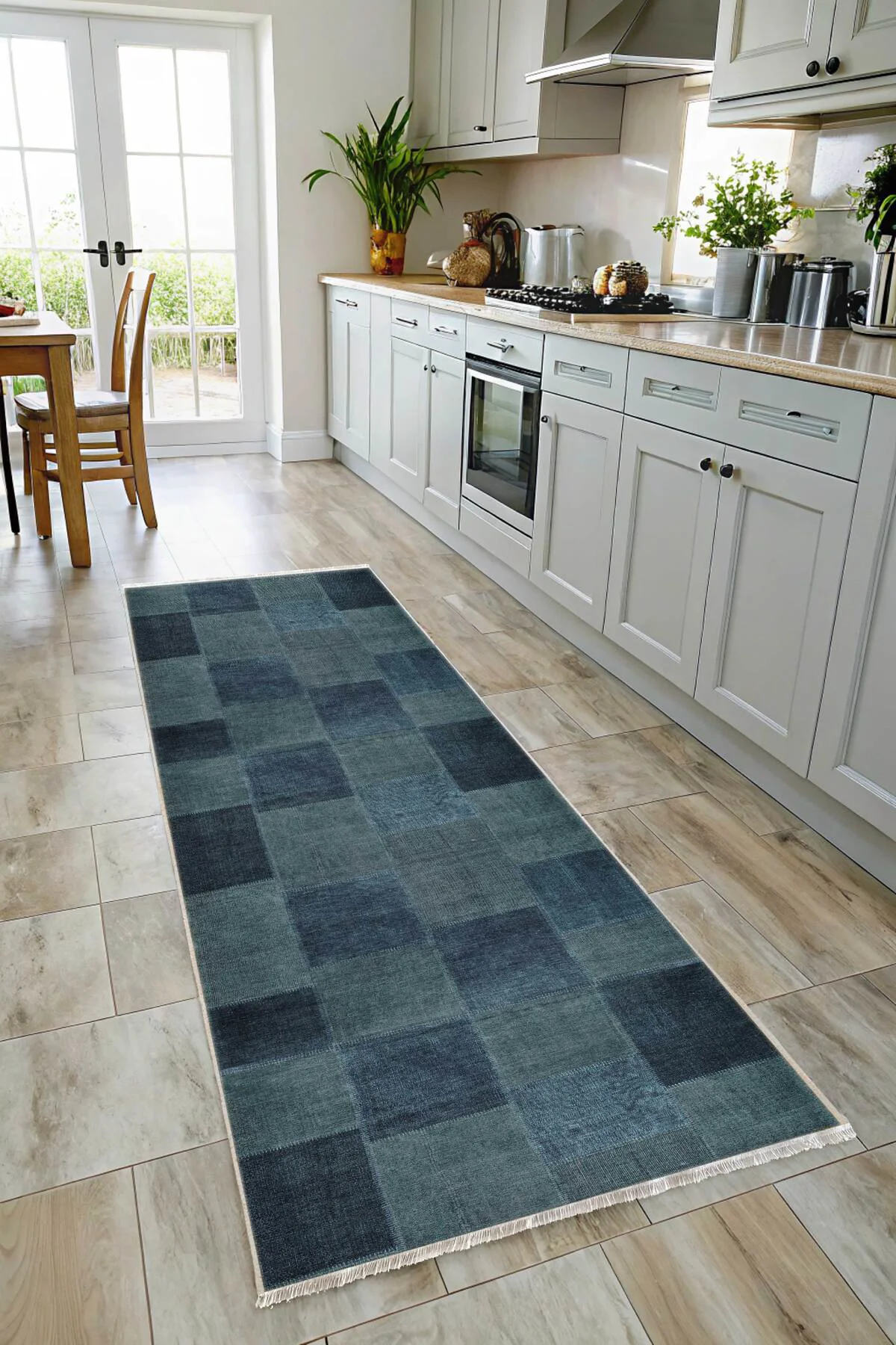 Mavi Denim Patchwork Tasarım Şönil Halı Kilim Yolluk Kaymaz Saçak