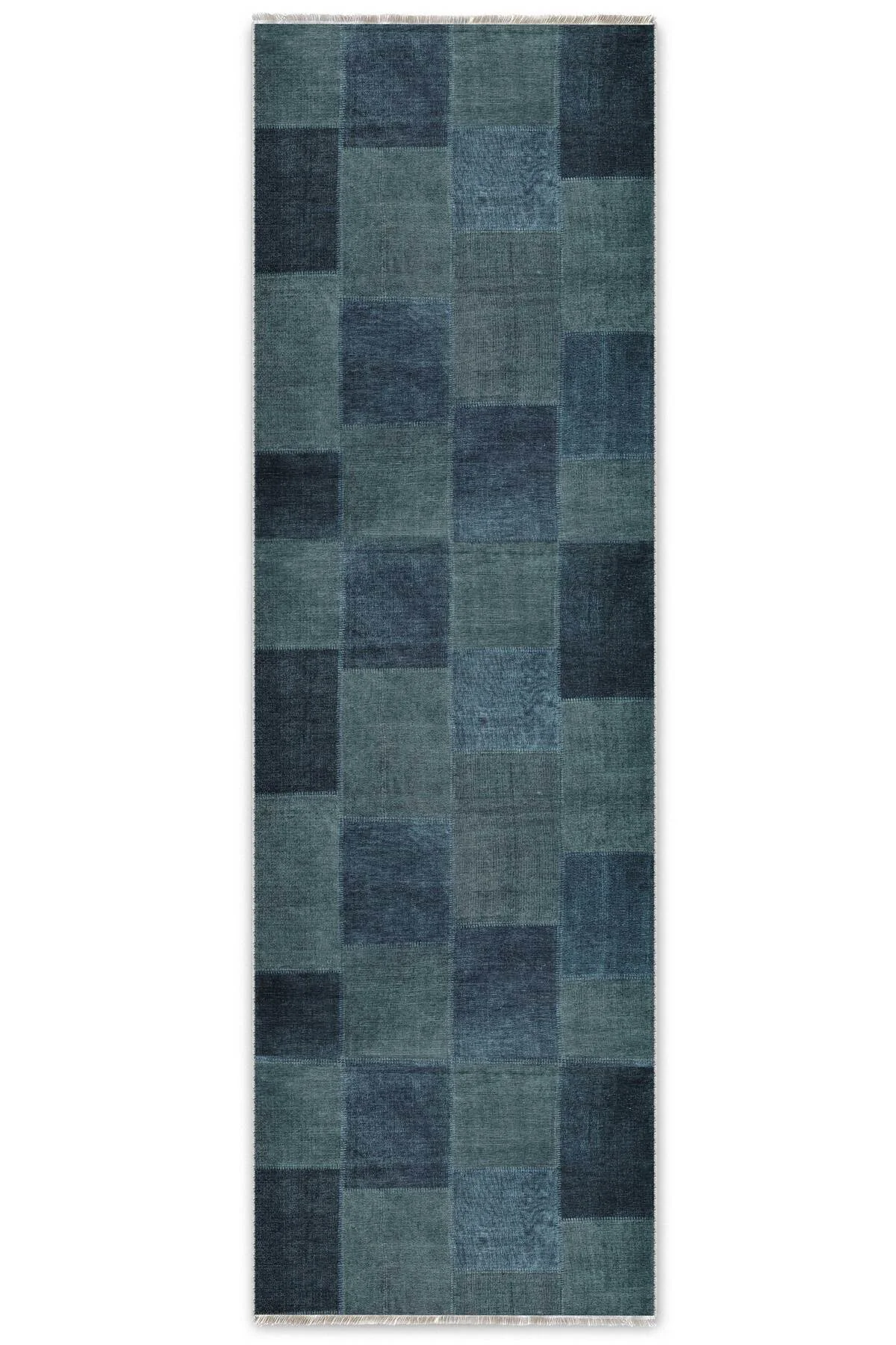 Mavi Denim Patchwork Tasarım Şönil Halı Kilim Yolluk Kaymaz Saçaklı Yıkanabilir Genç Odası Mutfak