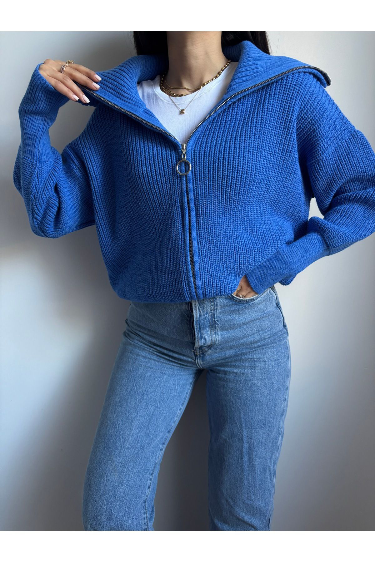 Nopen Knitwear Mavi Devrik Yaka Fermuarlı Triko Hırka