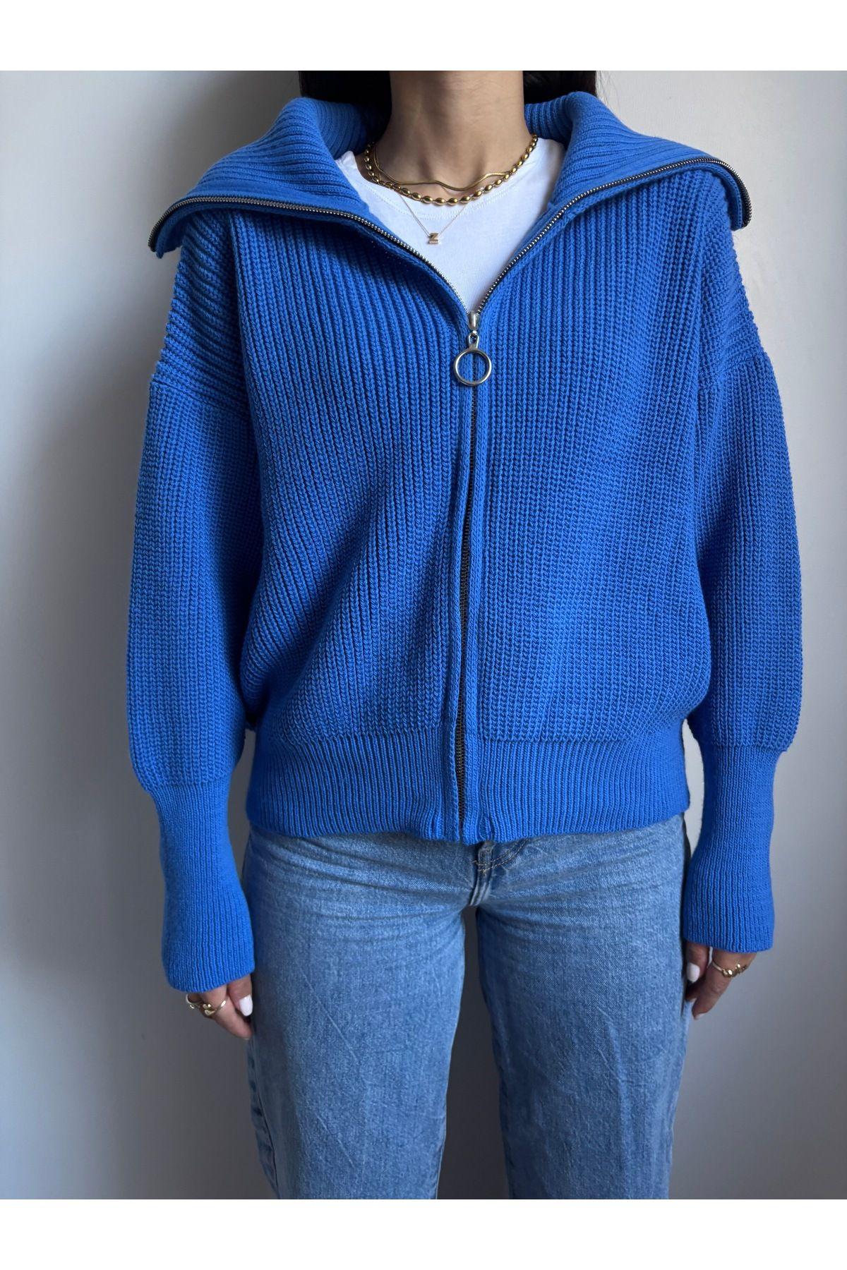 Nopen Knitwear Mavi Devrik Yaka Fermuarlı Triko Hırka