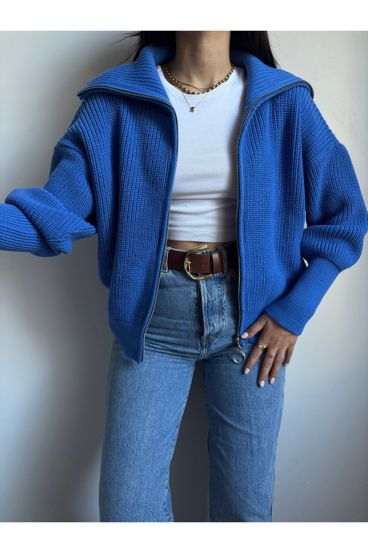 Nopen Knitwear Mavi Devrik Yaka Fermuarlı Triko Hırka