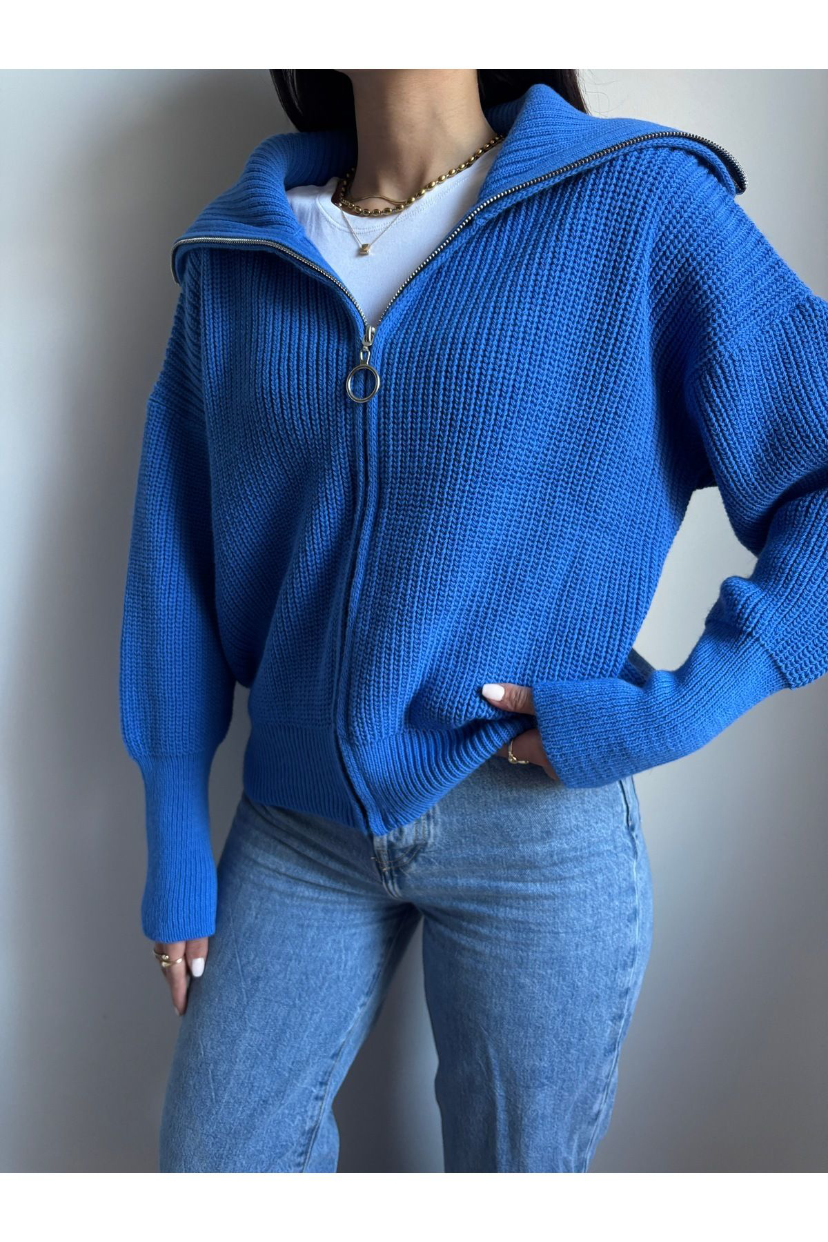 Nopen Knitwear Mavi Devrik Yaka Fermuarlı Triko Hırka