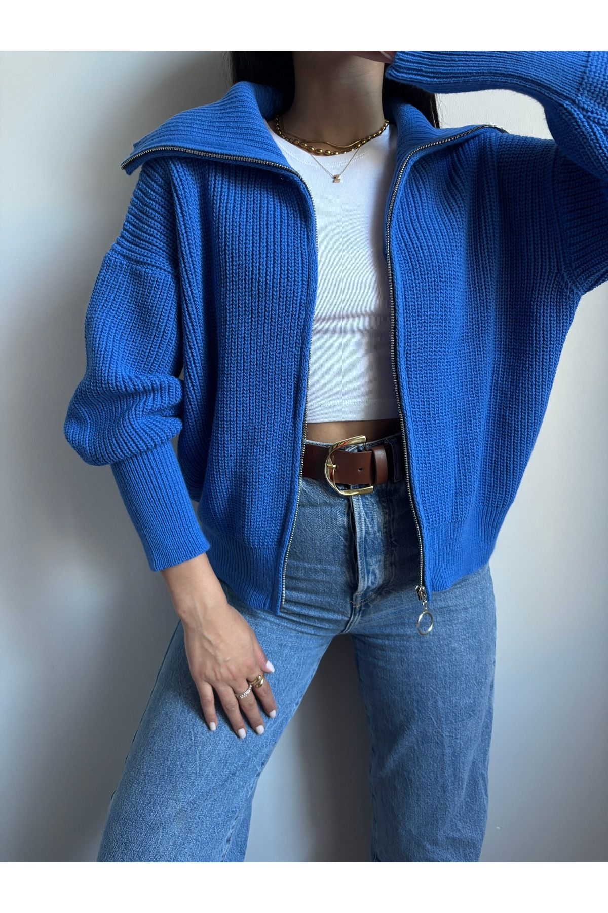 Nopen Knitwear Mavi Devrik Yaka Fermuarlı Triko Hırka