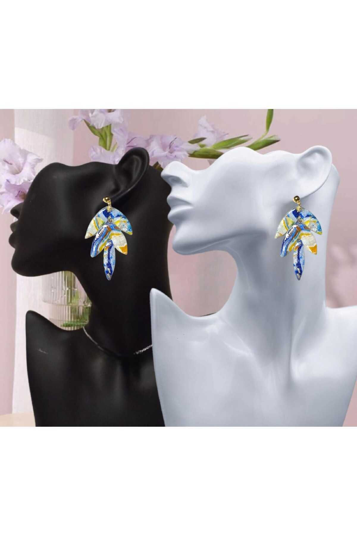 Mavi Doğal Taş Görünümlü Polimer Kil & Epoksi Tasarım Küpe