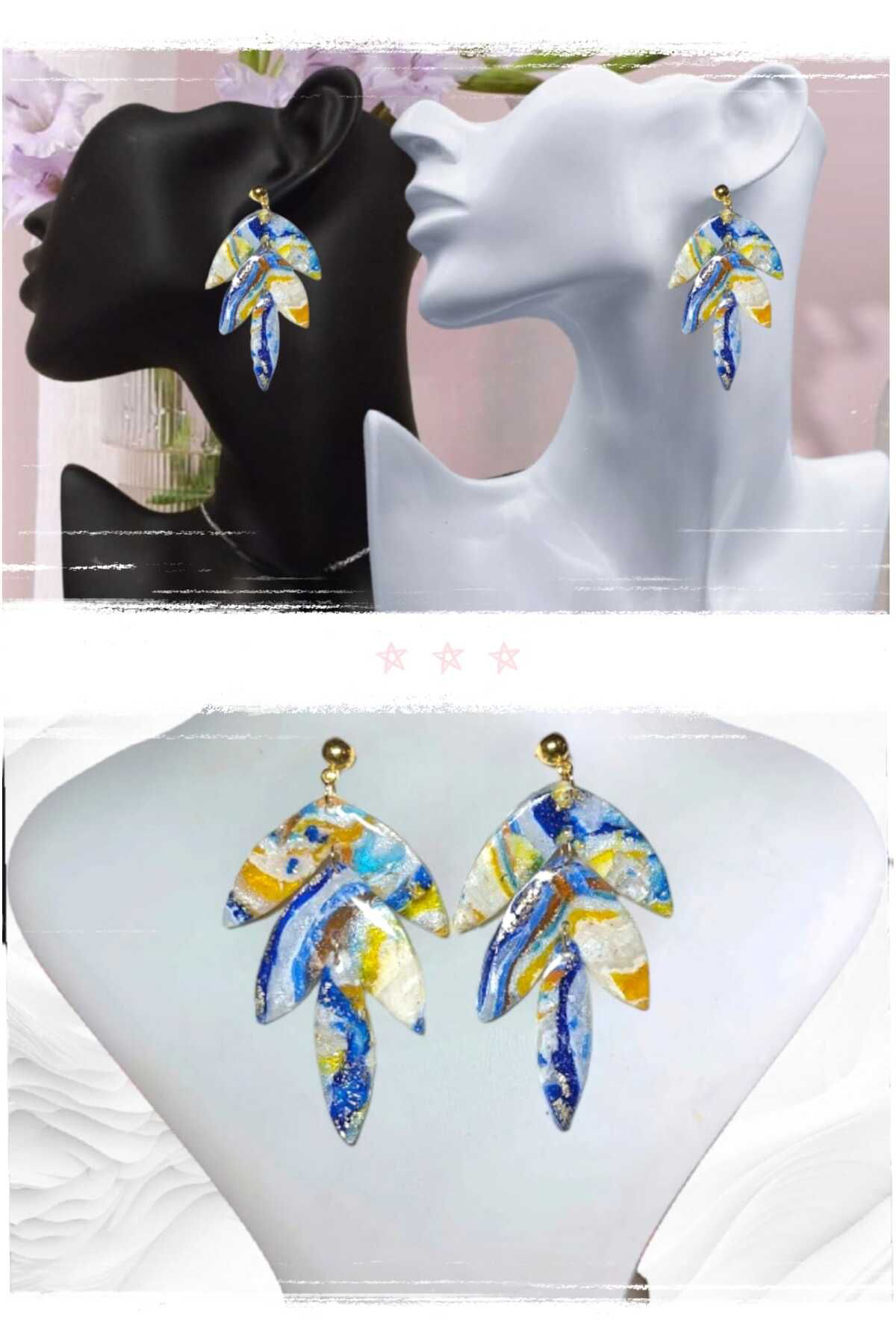 Mavi Doğal Taş Görünümlü Polimer Kil & Epoksi Tasarım Küpe