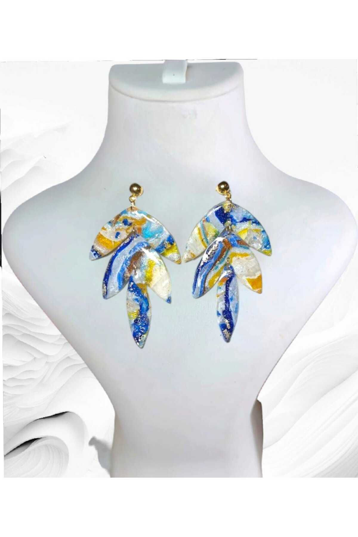 Mavi Doğal Taş Görünümlü Polimer Kil & Epoksi Tasarım Küpe