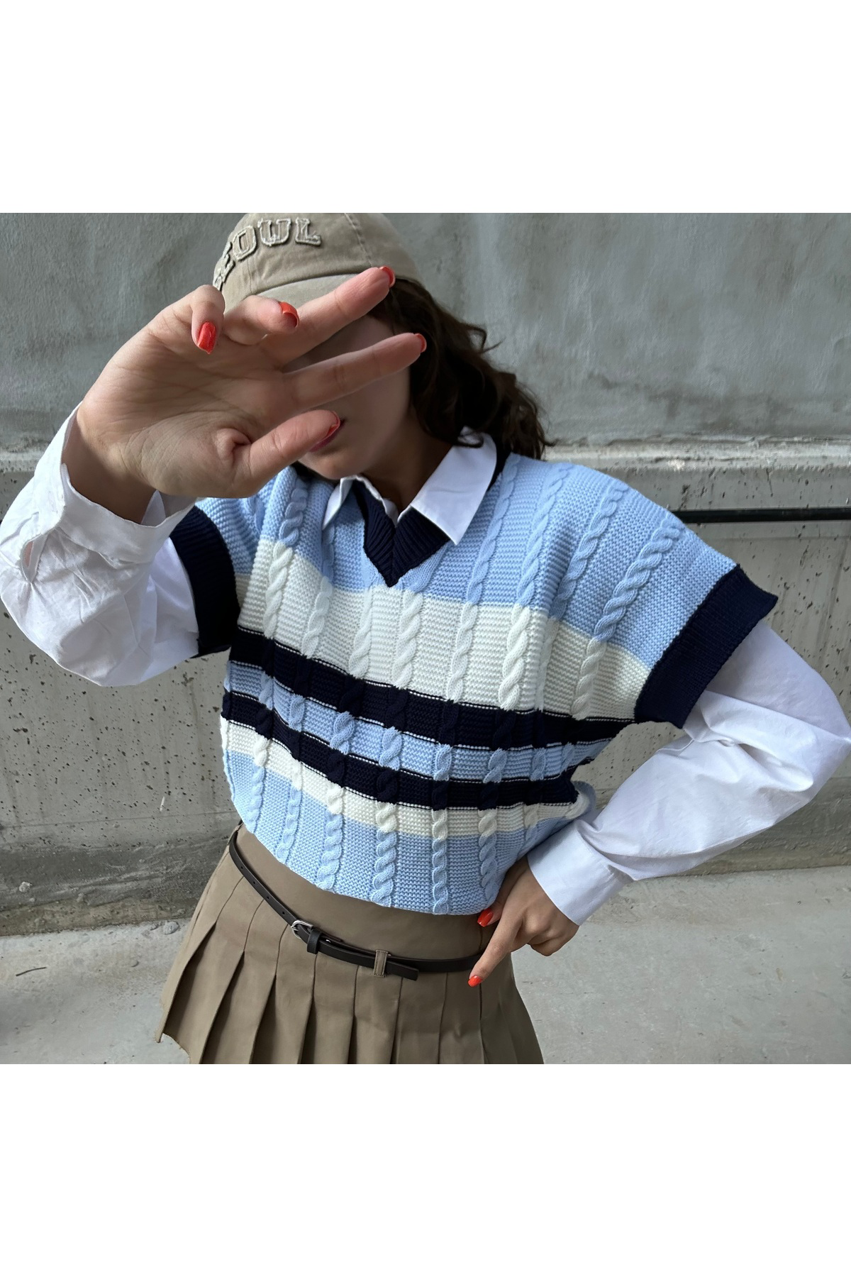 Mavi Ekru Şeritli V Yaka Oversize Süveter
