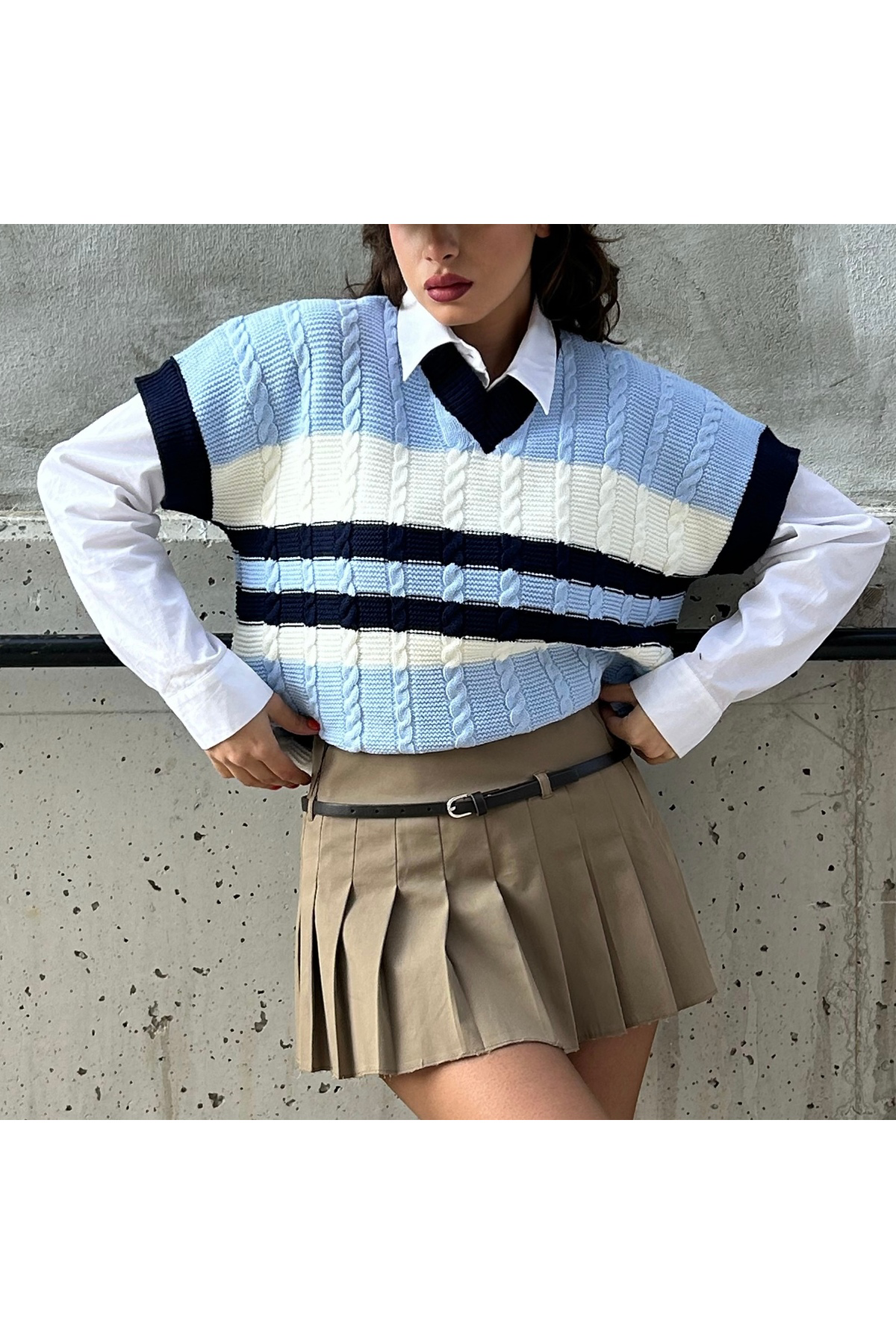 Mavi Ekru Şeritli V Yaka Oversize Süveter