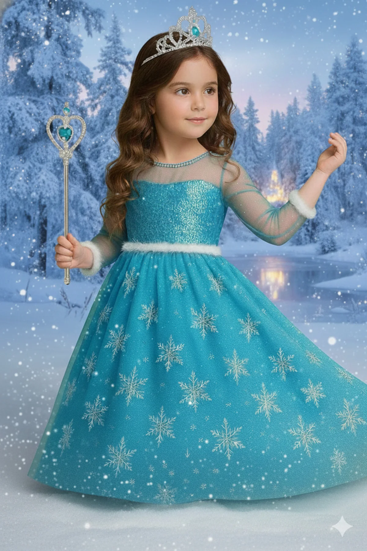Mavi Elsa Karlar Ülkesi Kız Çocuk Prenses Uzun Kollu Tarlatanlı Ö