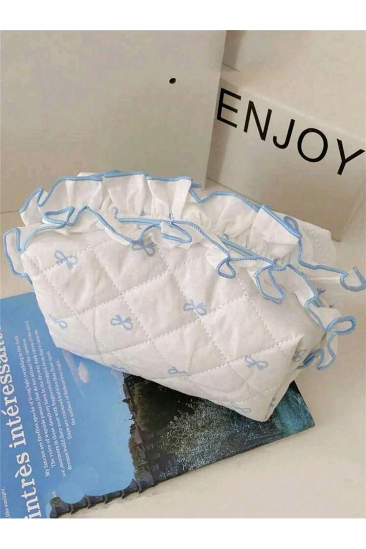 Mavi Fiyonk Desenli 2'li Makyaj Çantası, Orta ve Küçük Boy.