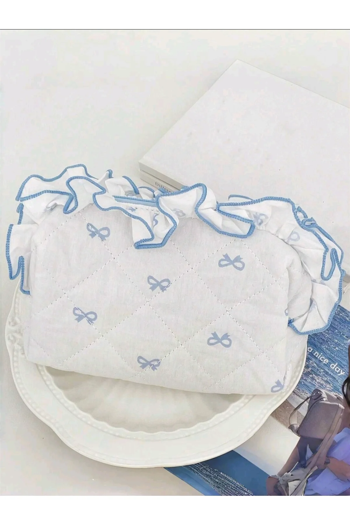 Mavi Fiyonk Desenli 2'li Makyaj Çantası, Orta ve Küçük Boy.