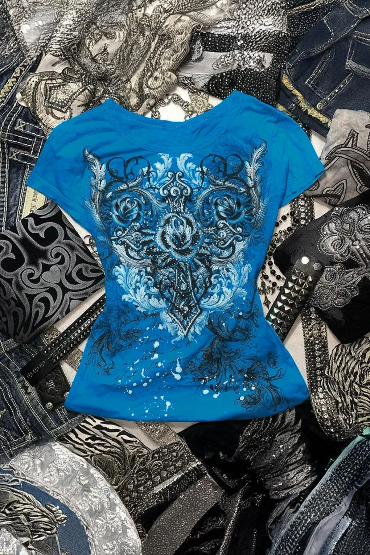 Mavi Gotik Rose Harajuku Y2K Kısa Kollu Crop