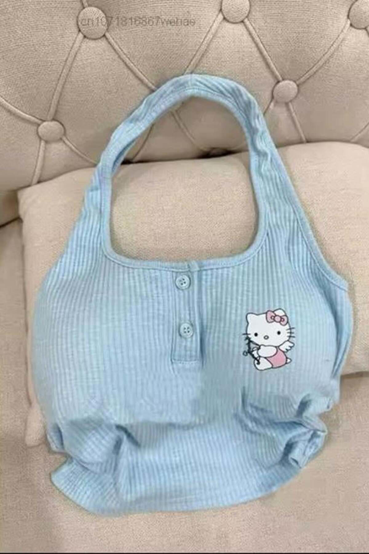 Köstebek Mavi Hello Kitty Fitilli Kumaş Boyundan Y2k Askılı Crop