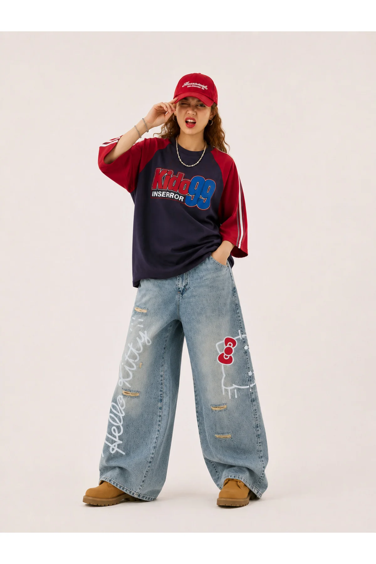 Mavi Hello Kitty Taşlamalı Gotik Y2K Unisex Baggy Pantolon