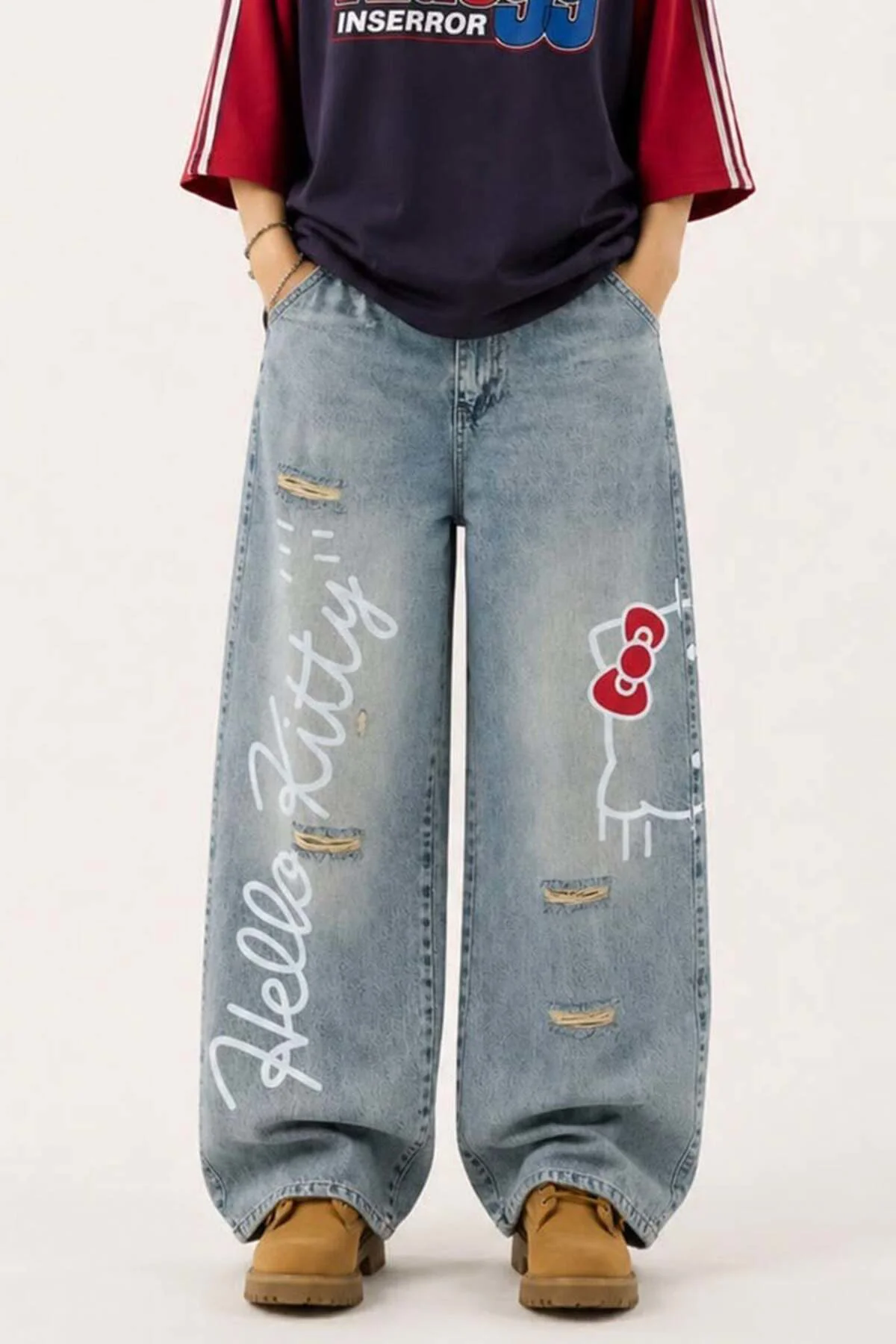 Mavi Hello Kitty Taşlamalı Gotik Y2K Unisex Baggy Pantolon