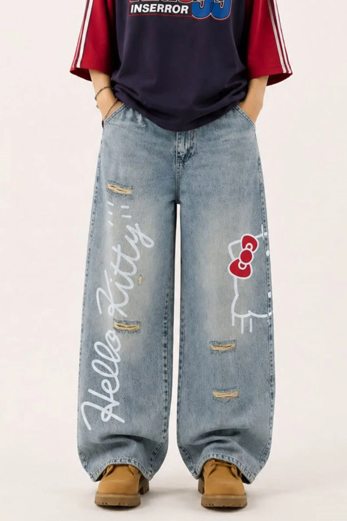 Mavi Hello Kitty Taşlamalı Gotik Y2K Unisex Baggy Pantolon Mavi Hello Kitty Taşlamalı Gotik Y2K Unisex Baggy Pantolon