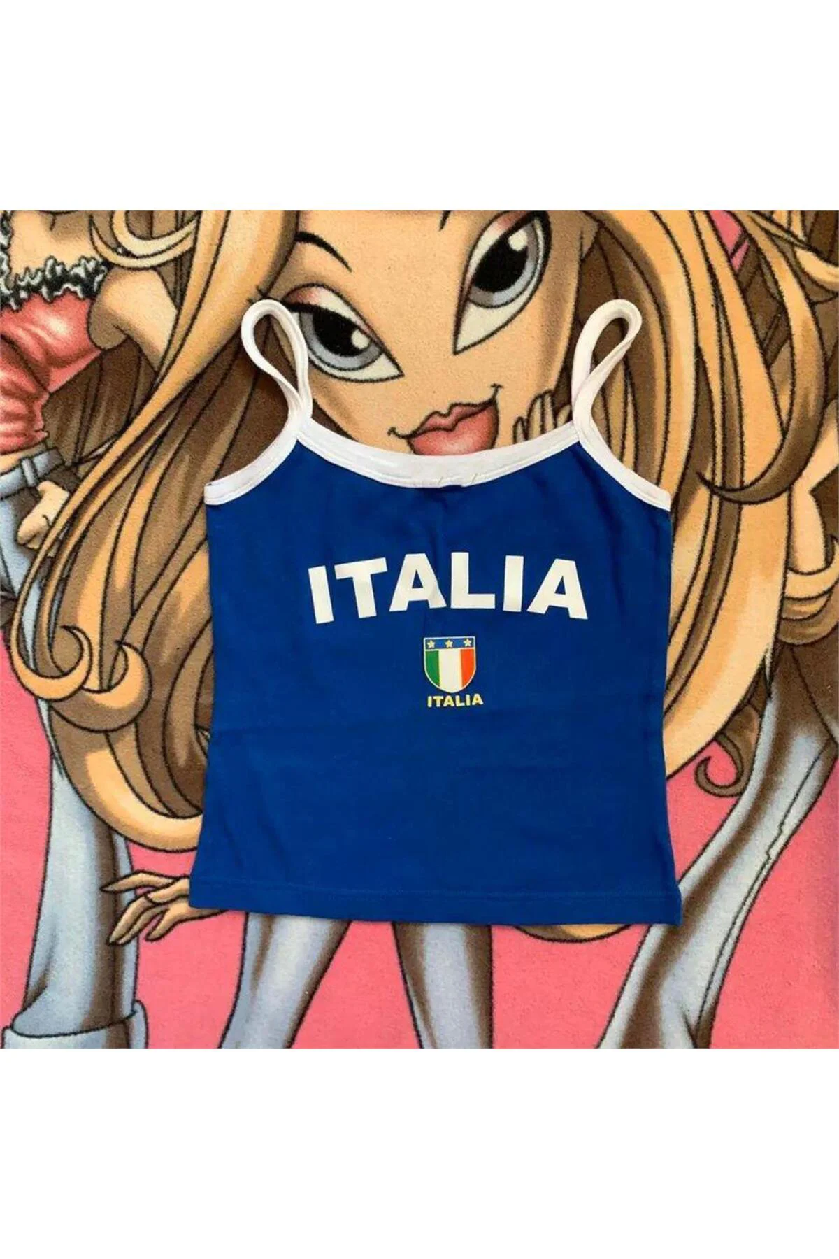 Mavi İtalia Beyaz Şeritli Askılı Crop