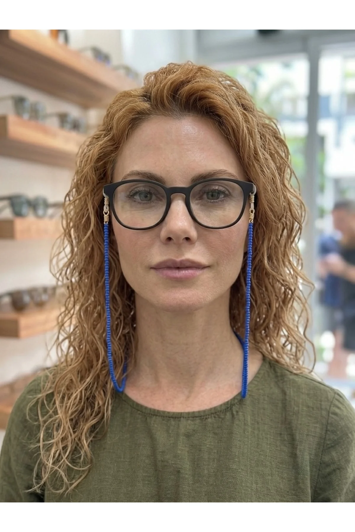 Mavi Kum ve Cam Boncuk Gözlük İpi 70 cm Optik ve Güneş Gözlük Uyumlu