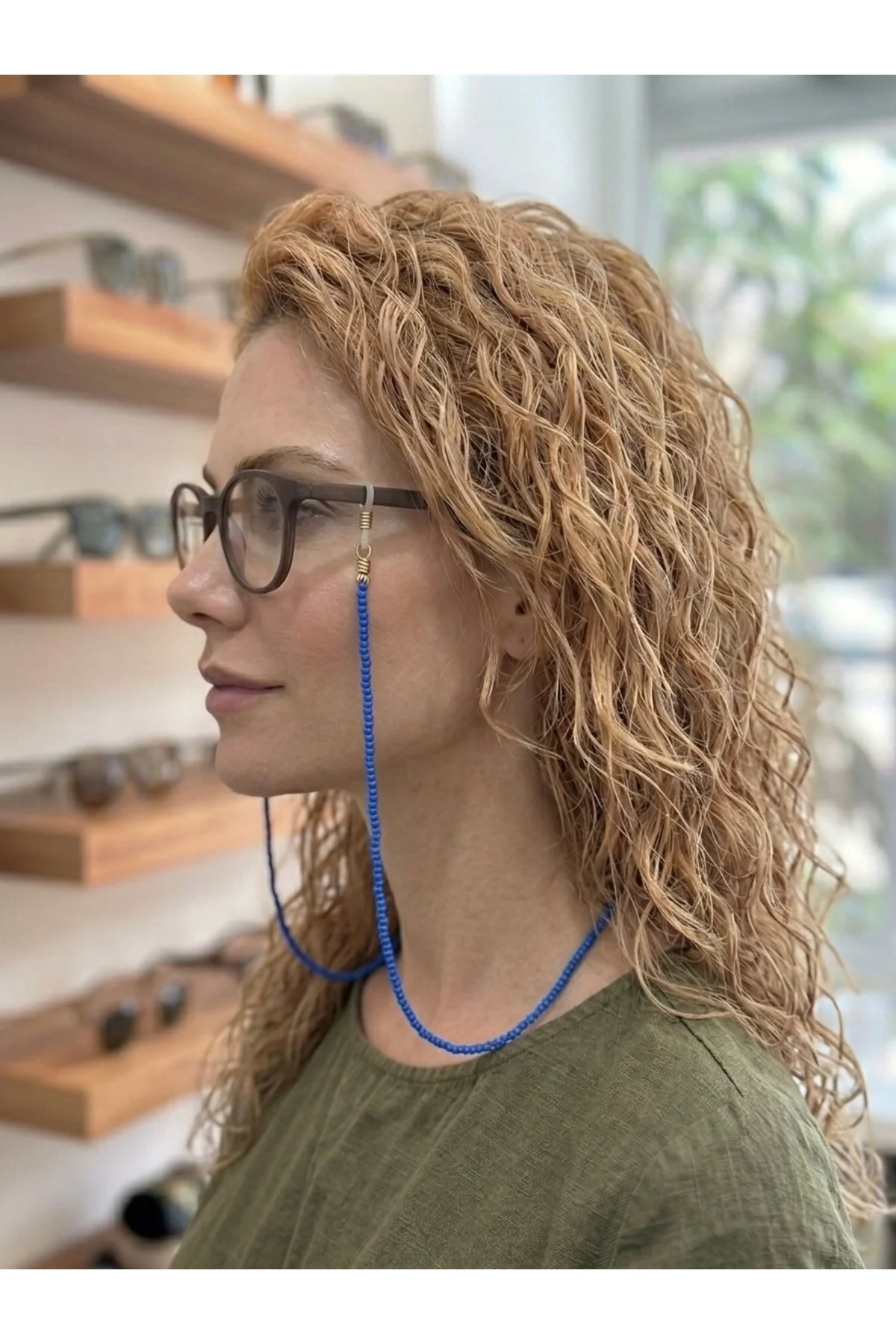 Mavi Kum ve Cam Boncuk Gözlük İpi 70 cm Optik ve Güneş Gözlük Uyumlu