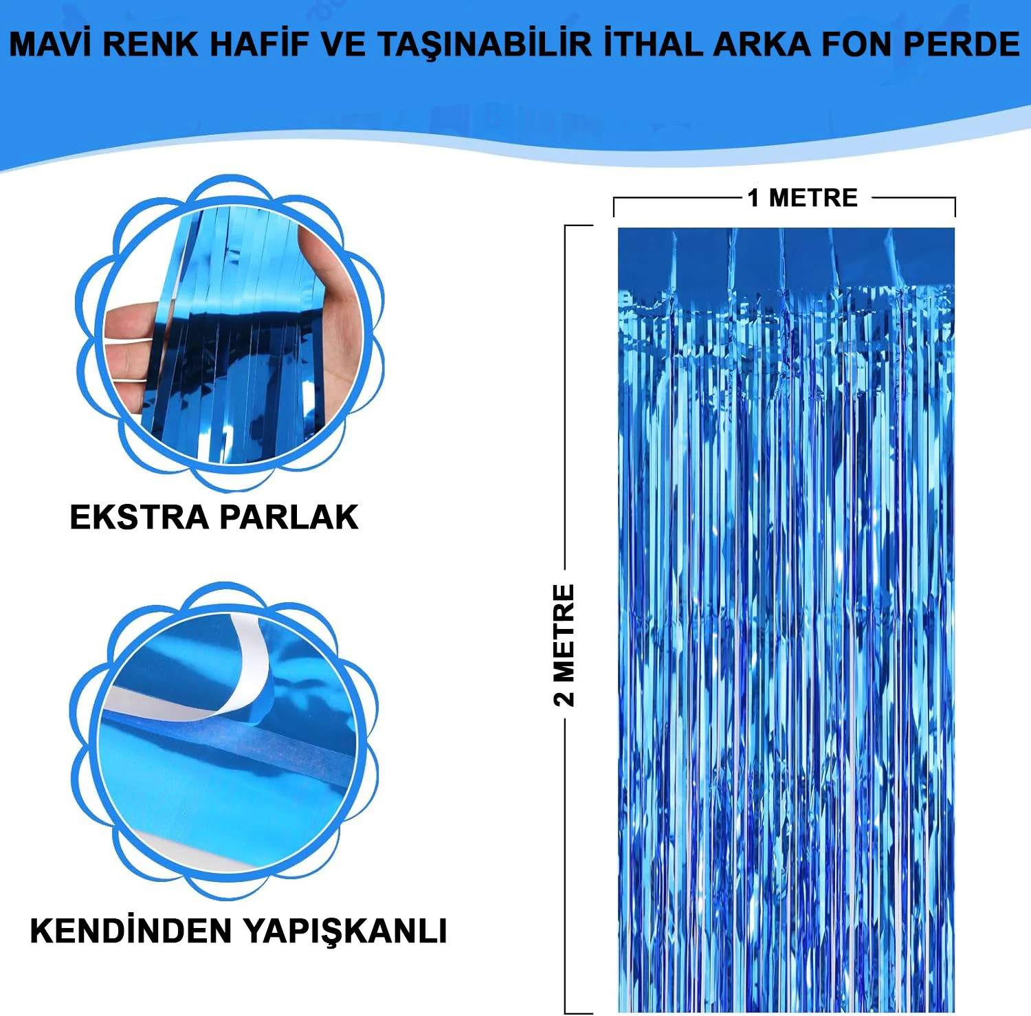 Mavi Metalize Saçaklı Arka Fon Perde | 1x2m İthal A Kalite