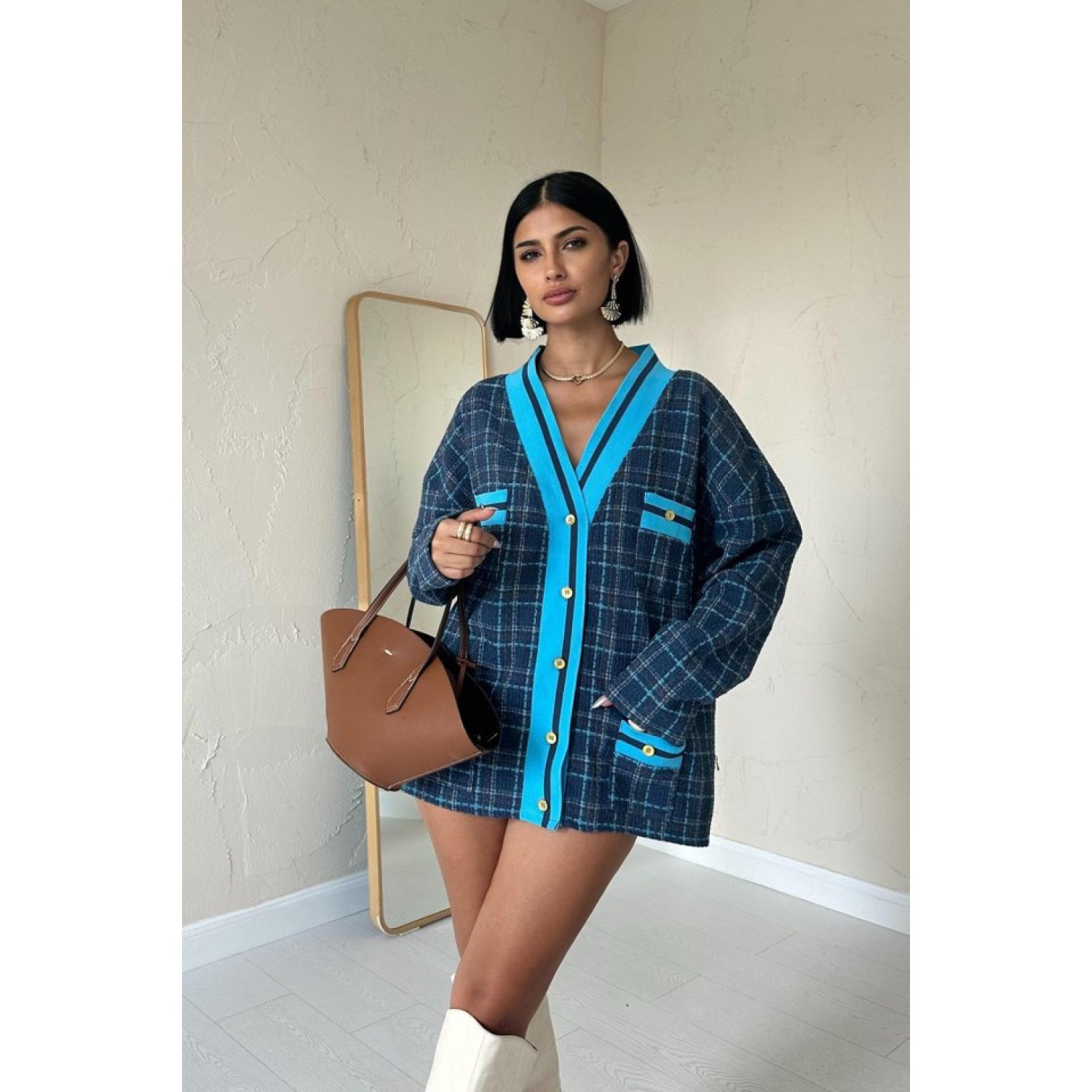 Mavi Ön Ribana Ekose Ceket