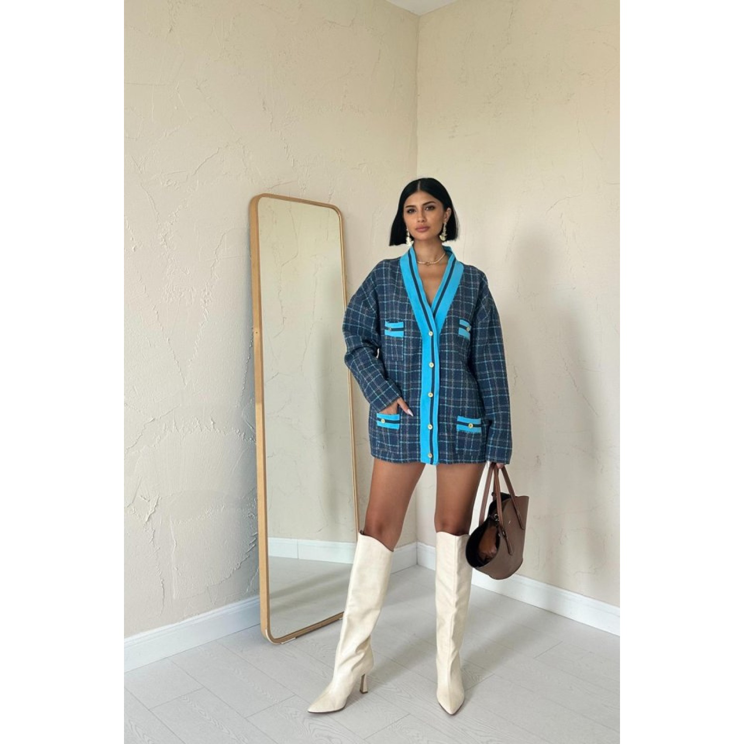 Mavi Ön Ribana Ekose Ceket