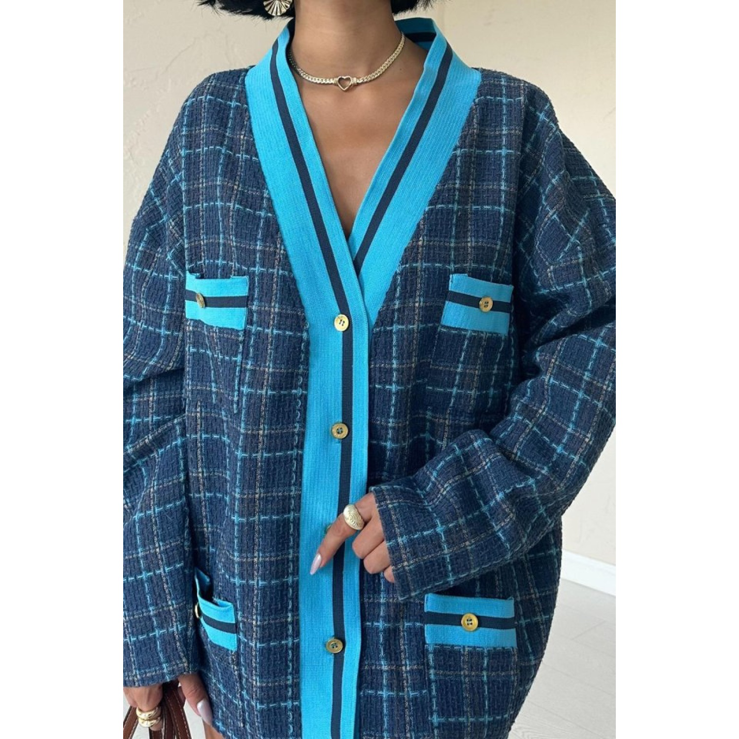 Mavi Ön Ribana Ekose Ceket