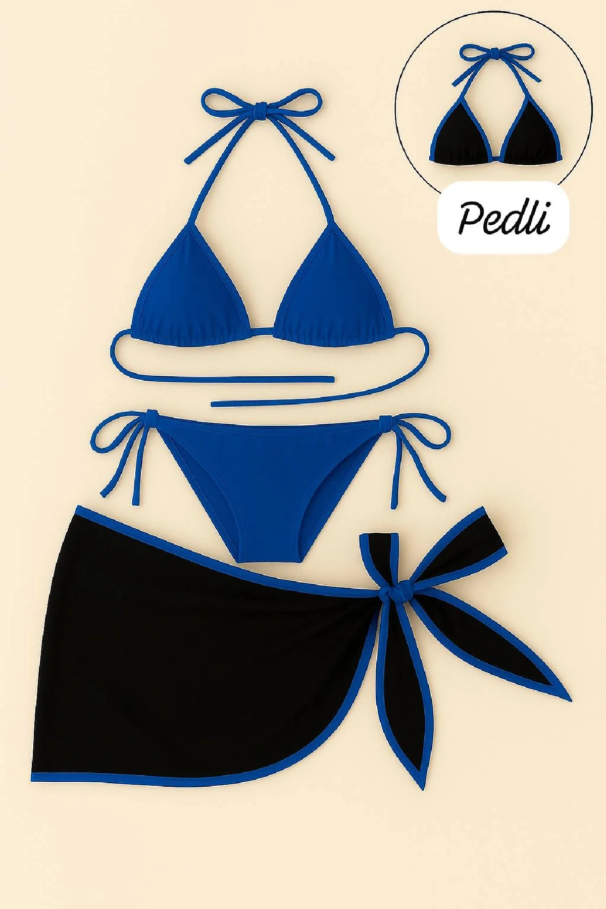 Mavi Pareolu Yandan ve Boyundan Bağlamalı 3'lü Bikini Takımı Mavi Pareolu Yandan ve Boyundan Bağlamalı 3'lü Bikini Takımı