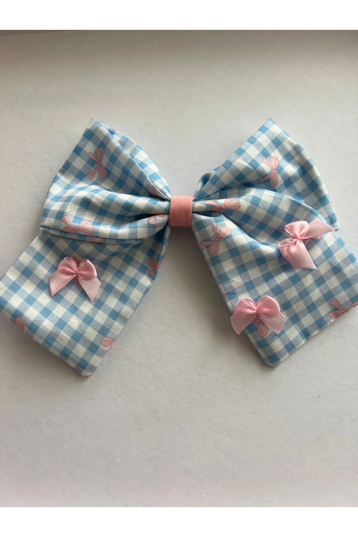 Mavi Pembe Kareli 3D Ribbon Bow Fiyonk Kurdele Otomatik Çocuk Toka