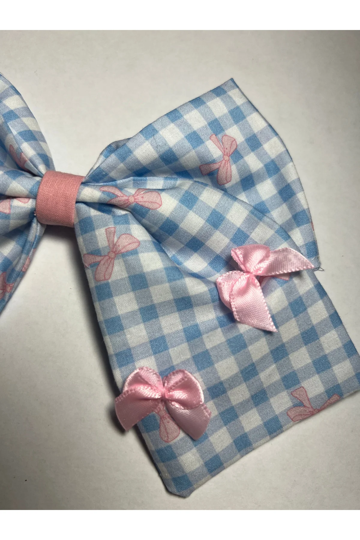 Mavi Pembe Kareli 3D Ribbon Bow Fiyonk Kurdele Otomatik Çocuk Toka