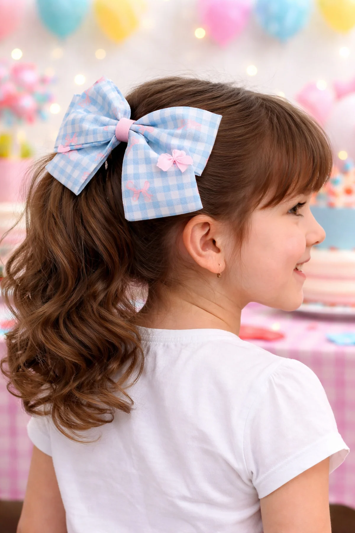 Mavi Pembe Kareli 3D Ribbon Bow Fiyonk Kurdele Otomatik Çocuk Toka