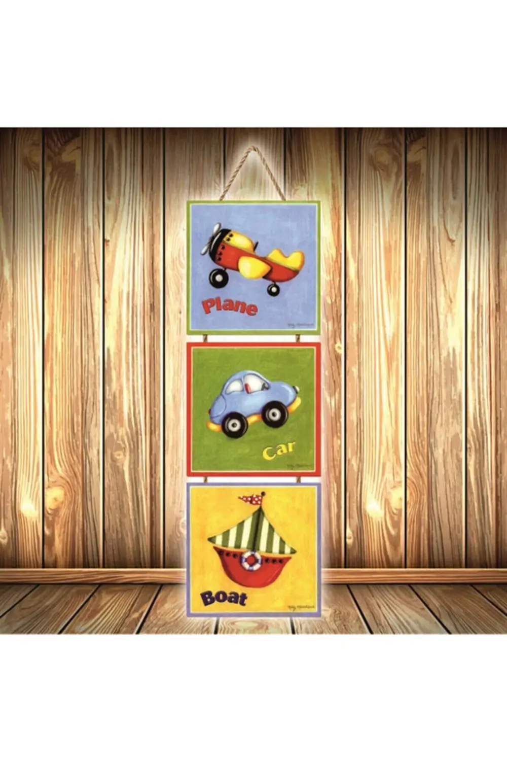Mavi Plane Car Boat Tasarımlı Üçlü Retro Ahşap Poster Ü495