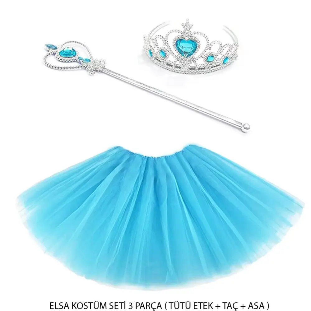 Mavi Prenses Elsa Kostüm Seti 3 Parça (Tütü Etek + Taç + Asa )