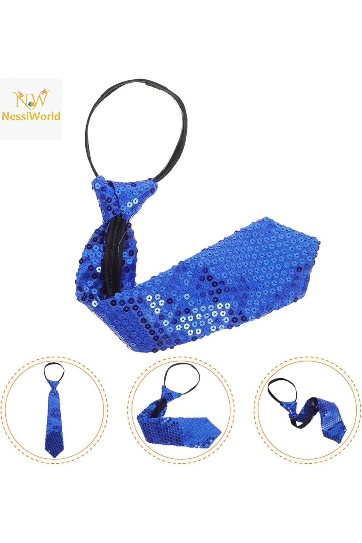 Mavi Pul Payetli Işıltılı Parti Kravatı 33 cm