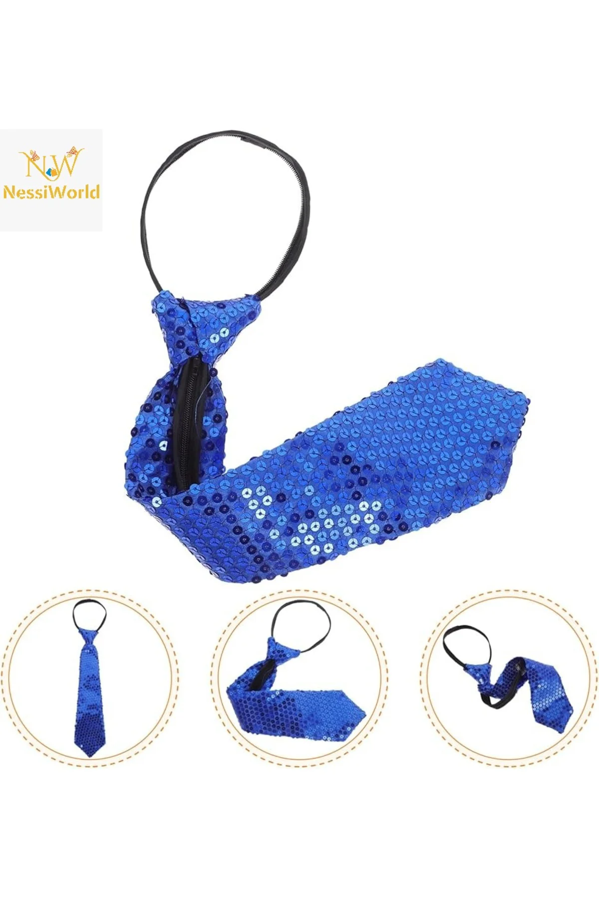 Mavi Pul Payetli Işıltılı Parti Kravatı 33 cm