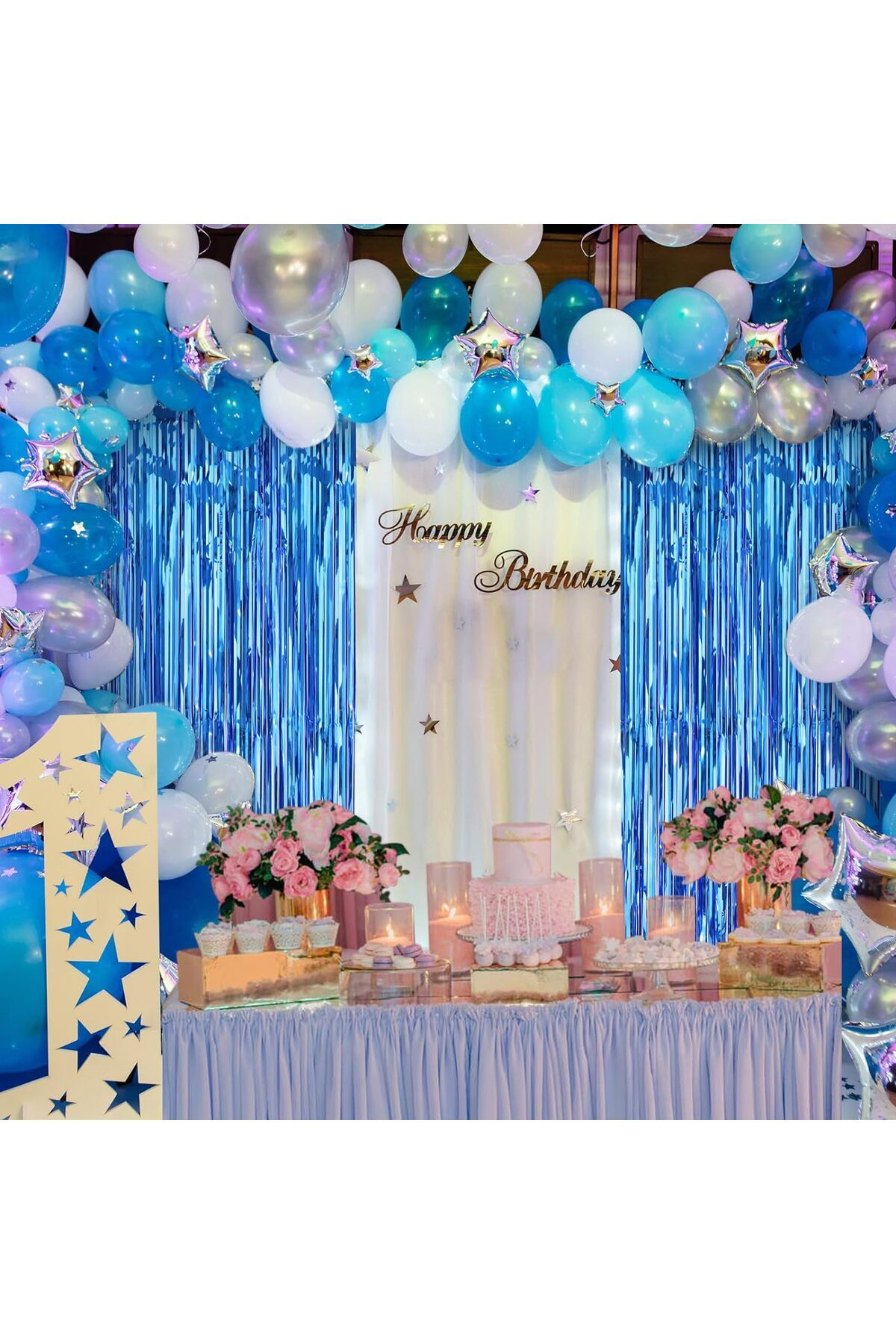 Ok Aksesuar Mavi Renk Ekstra Metalize Parlak Saçaklı Arka Fon Perde İthal A K