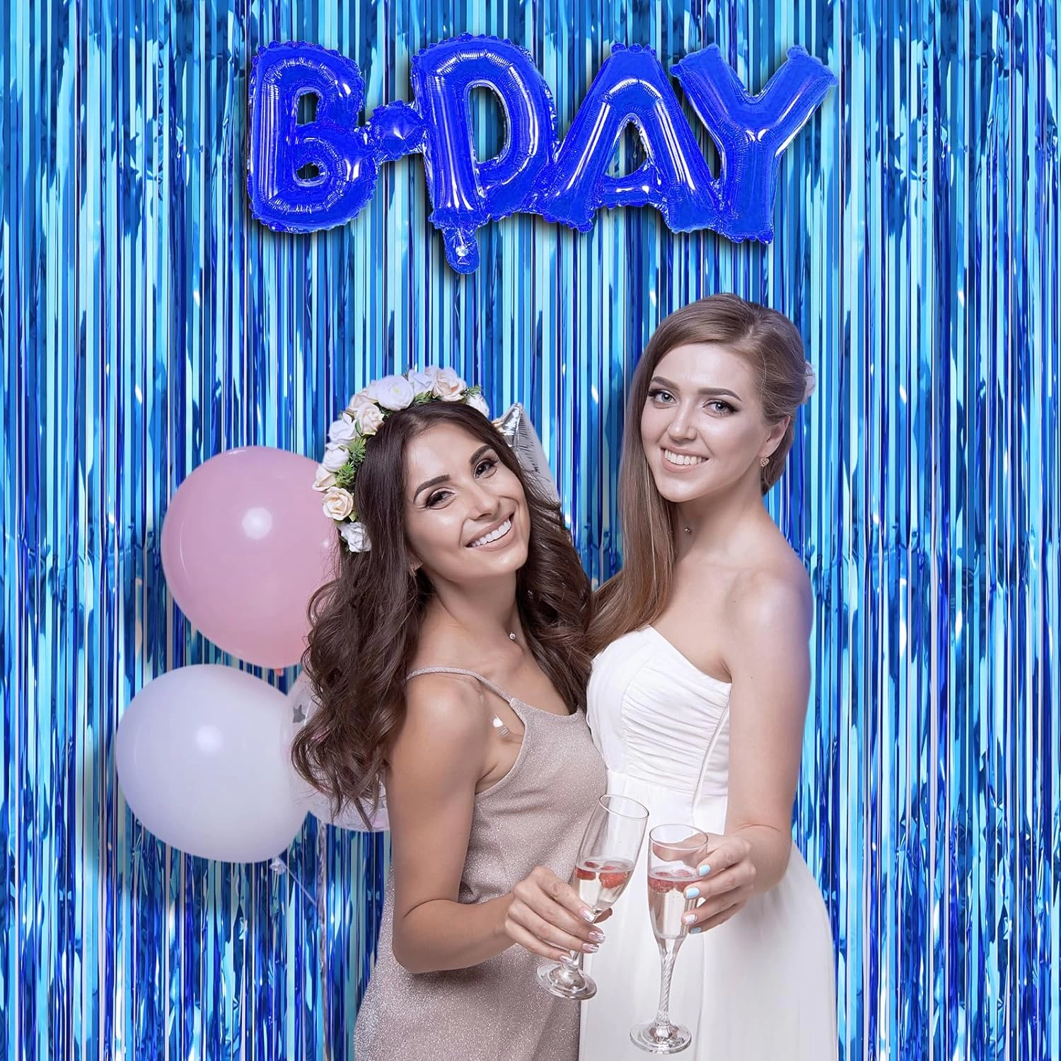 Mavi Renk Ekstra Metalize Parlak Saçaklı Arka Fon Perde İthal A K