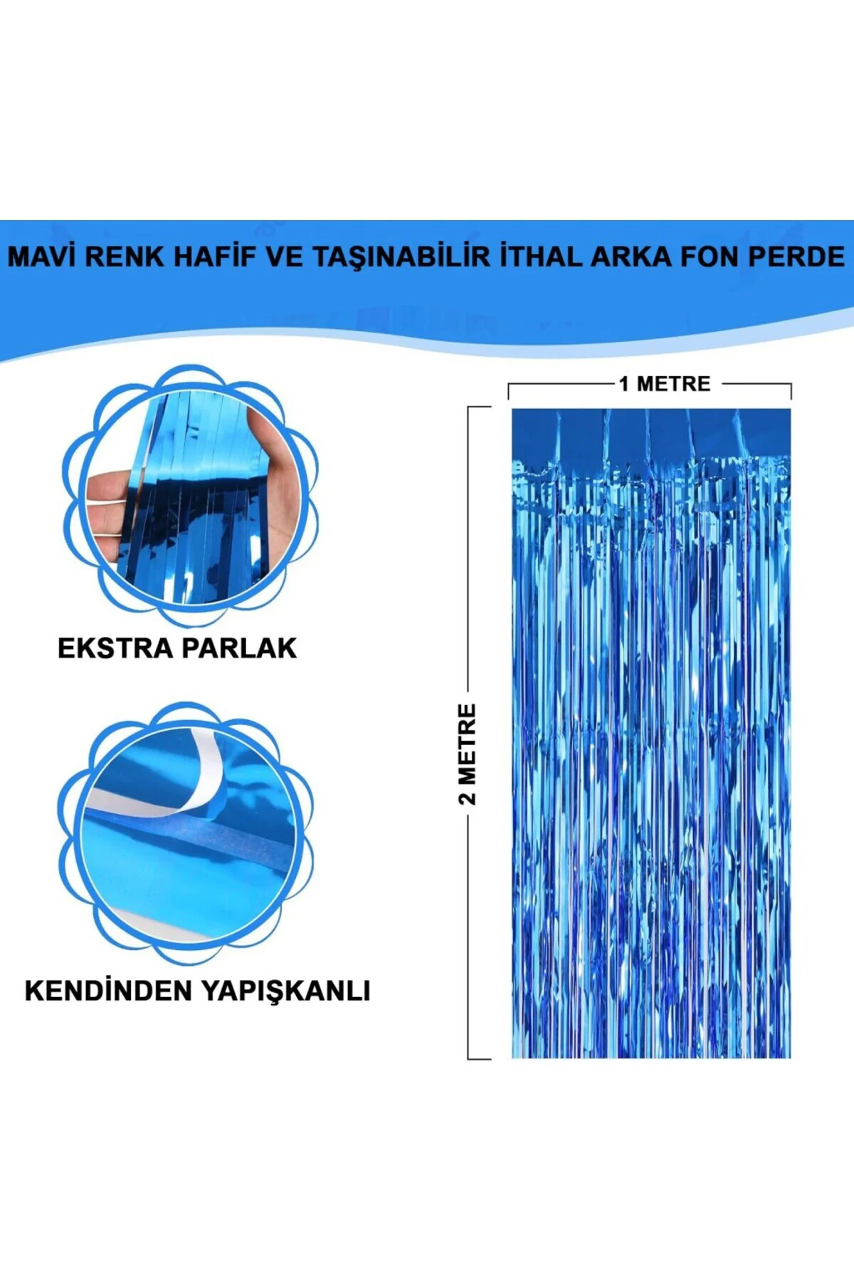 Mavi Renk Ekstra Metalize Parlak Saçaklı Arka Fon Perde İthal A Kalite 1x2 Metre NessiWorld