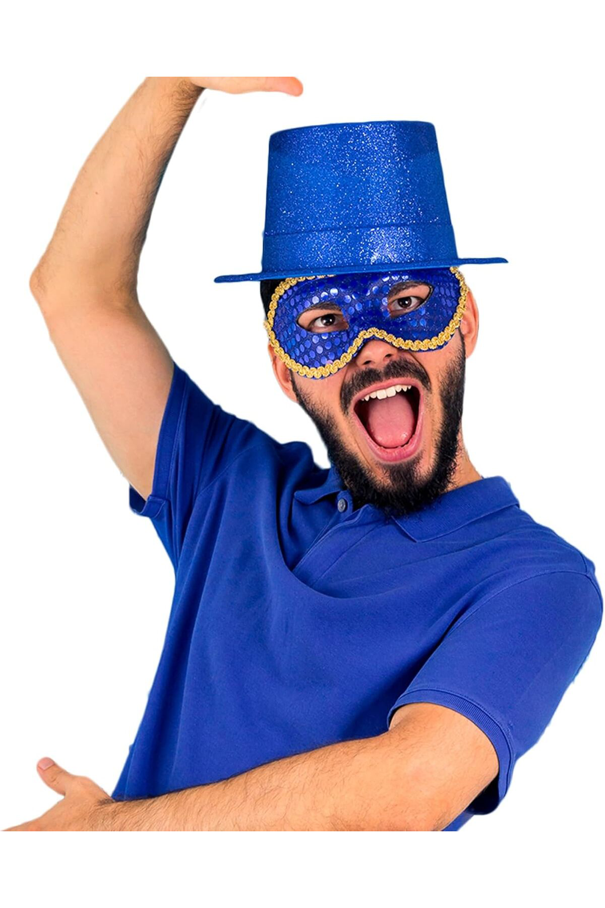 Ivırzıvırr Mavi Renk Parıltılı Simli Fötr Silindir Parti Şapkası