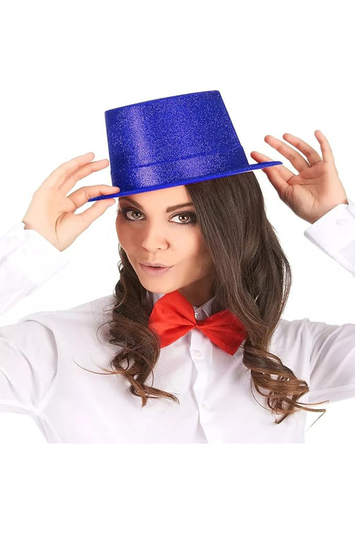 Ivırzıvırr Mavi Renk Parıltılı Simli Fötr Silindir Parti Şapkası