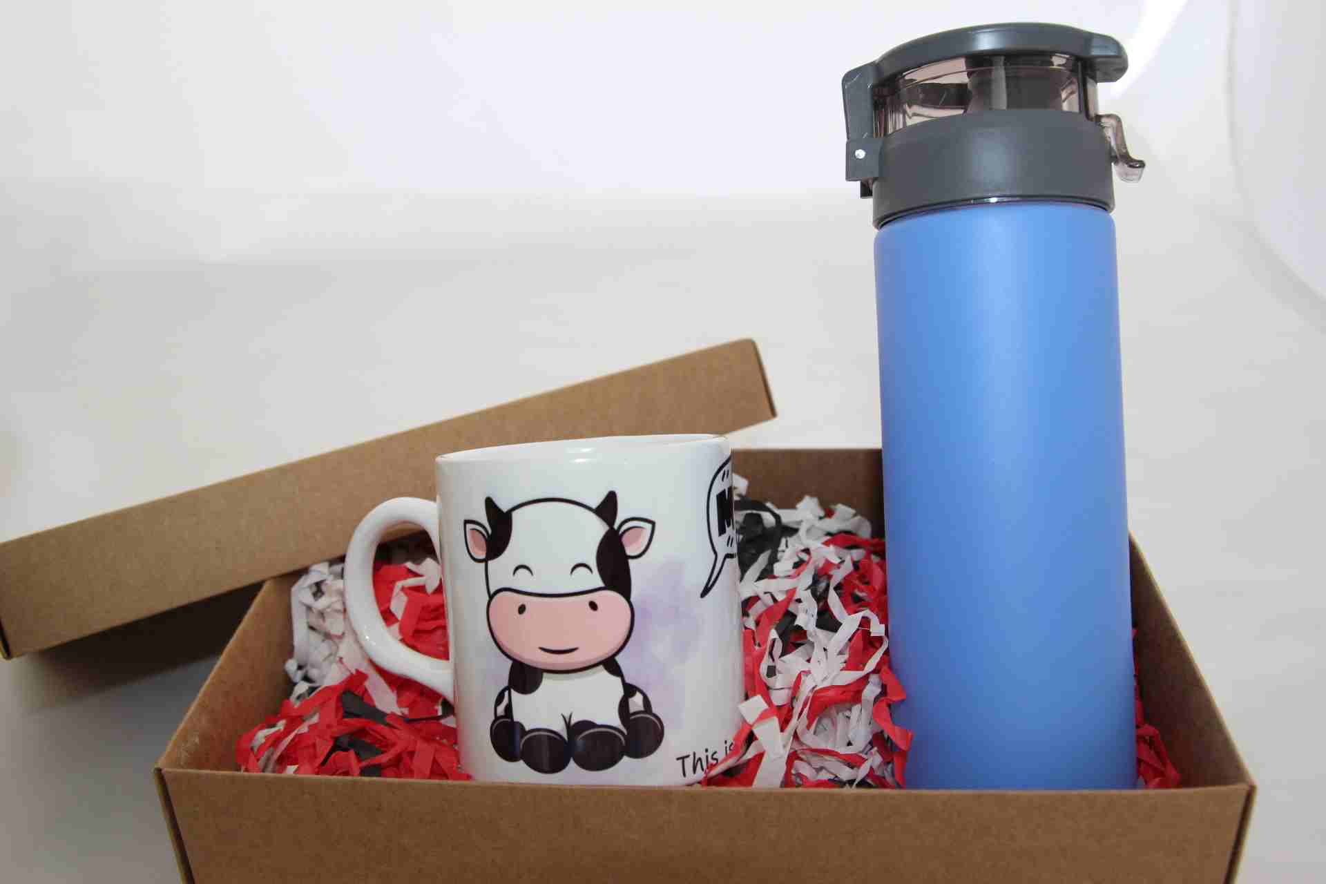 Mavi Renk Termos Hediye Kutusu - Sevimli İnek Defter Hediye Seti