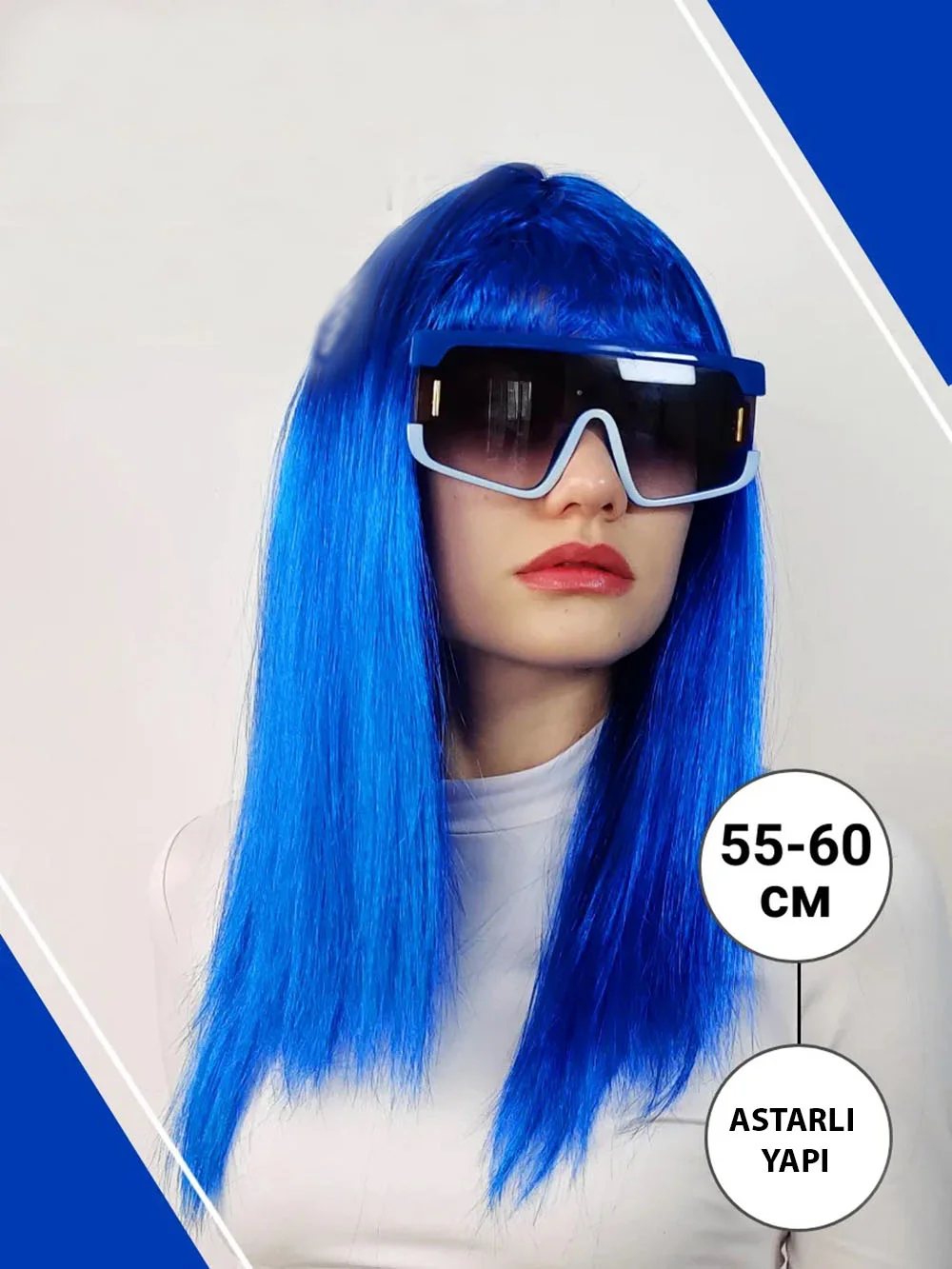 Mavi Renk Uzun Parti Peruğu – Cosplay ve Etkinlikler İçin Göz Alıcı Düz Kesim Peruk