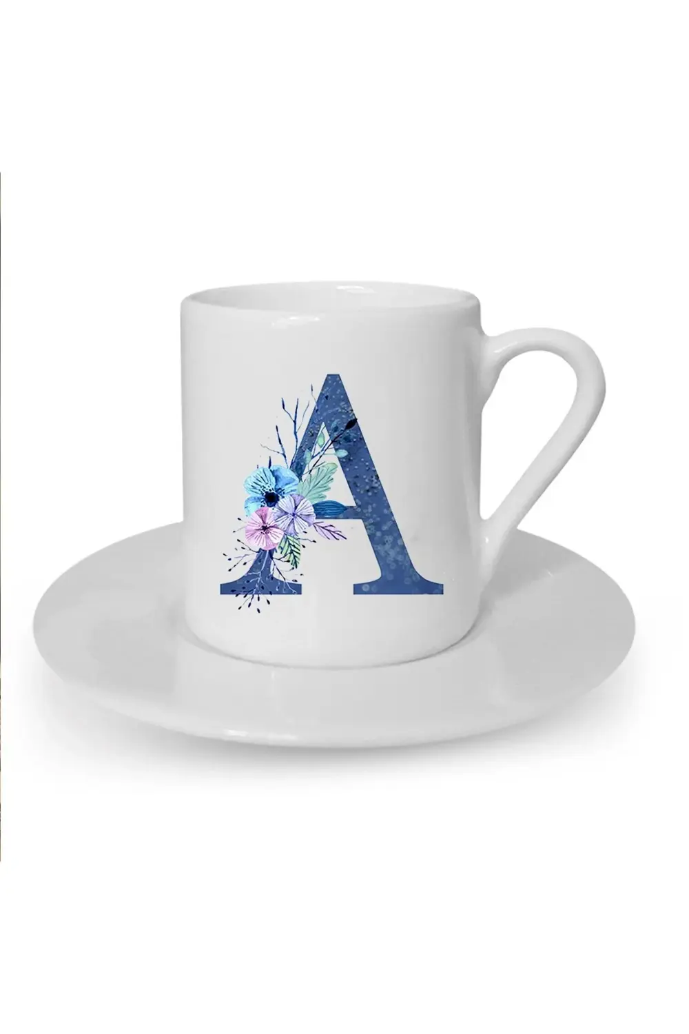 Mavi Renkli A Harfi Baskılı Beyaz Türk Kahvesi Fincanı
