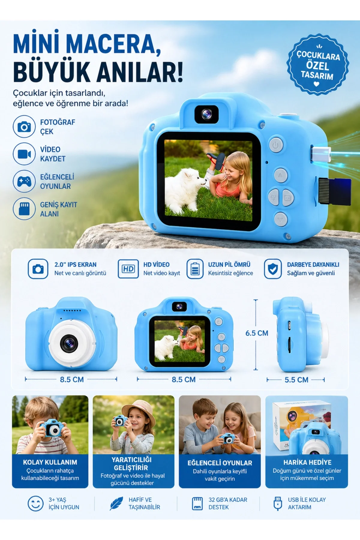 Mavi Renkli Çocuklar İçin Dijital Fotoğraf Makinesi, 1080p HD Video ve 15x Optik Zoom Özellikli