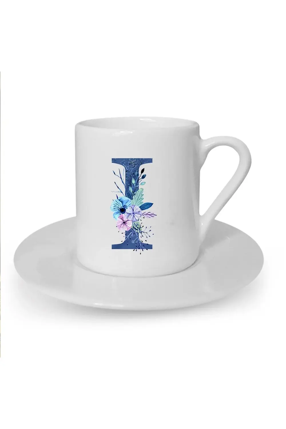 Mavi Renkli I Harfi Baskılı Beyaz Türk Kahvesi Fincanı