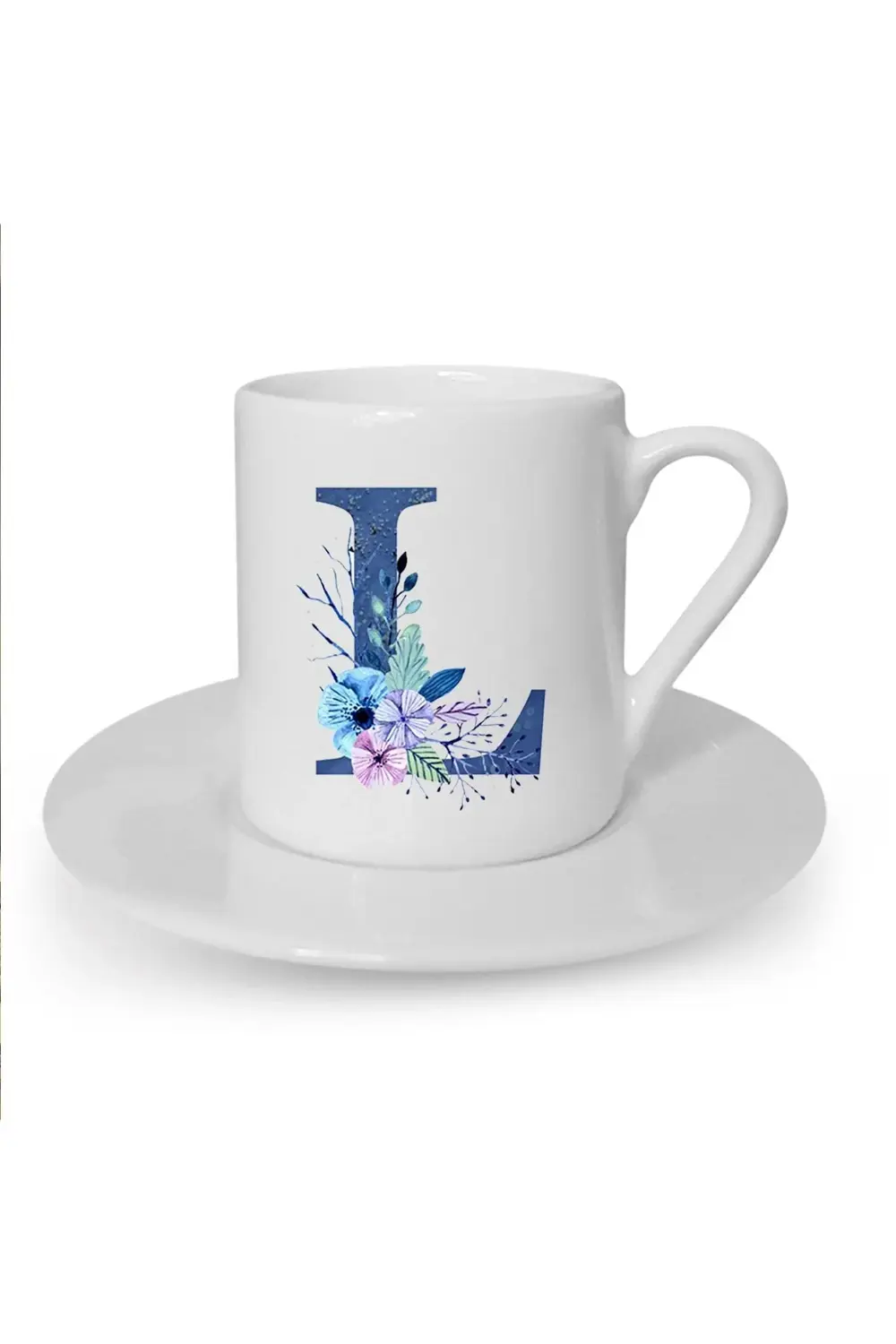 Mavi Renkli L Harfi Baskılı Beyaz Türk Kahvesi Fincanı