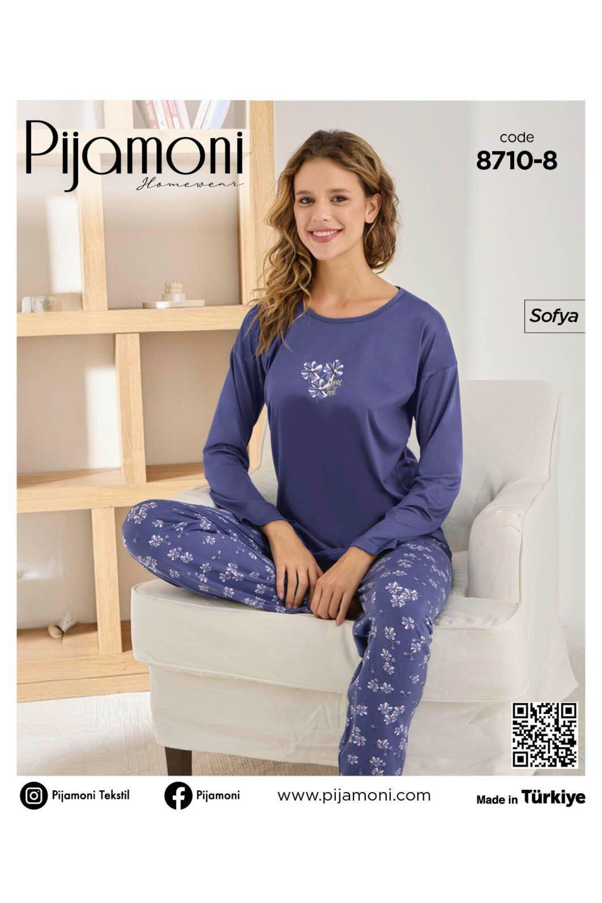 Mavi Renkli Sofya Kumaş Sıfır Yaka Uzun Kollu Kadın Pijama Takımı