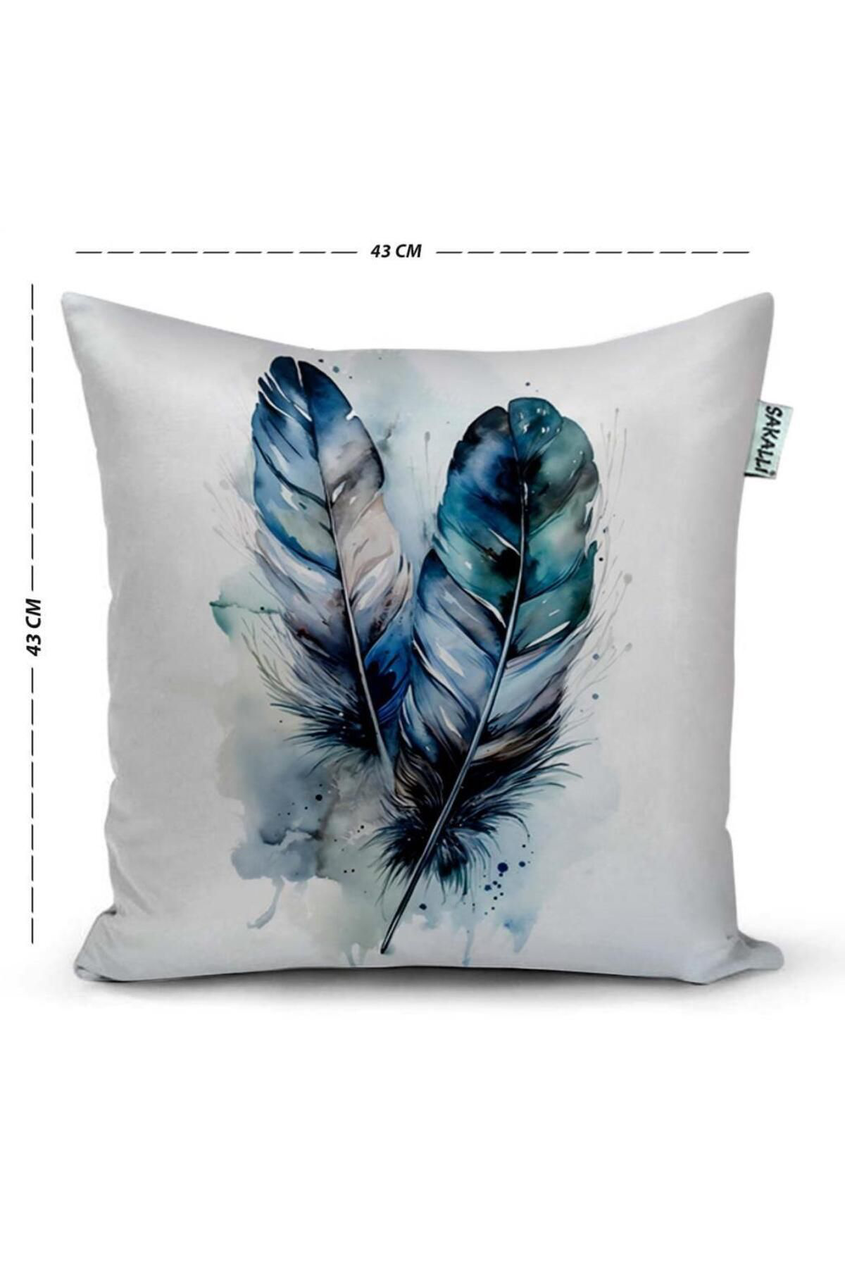 Sakallı Mavi Şans Tüyü Desen 3D Dijital Baskılı Dekoratif 4Lü Kırlent Kıl