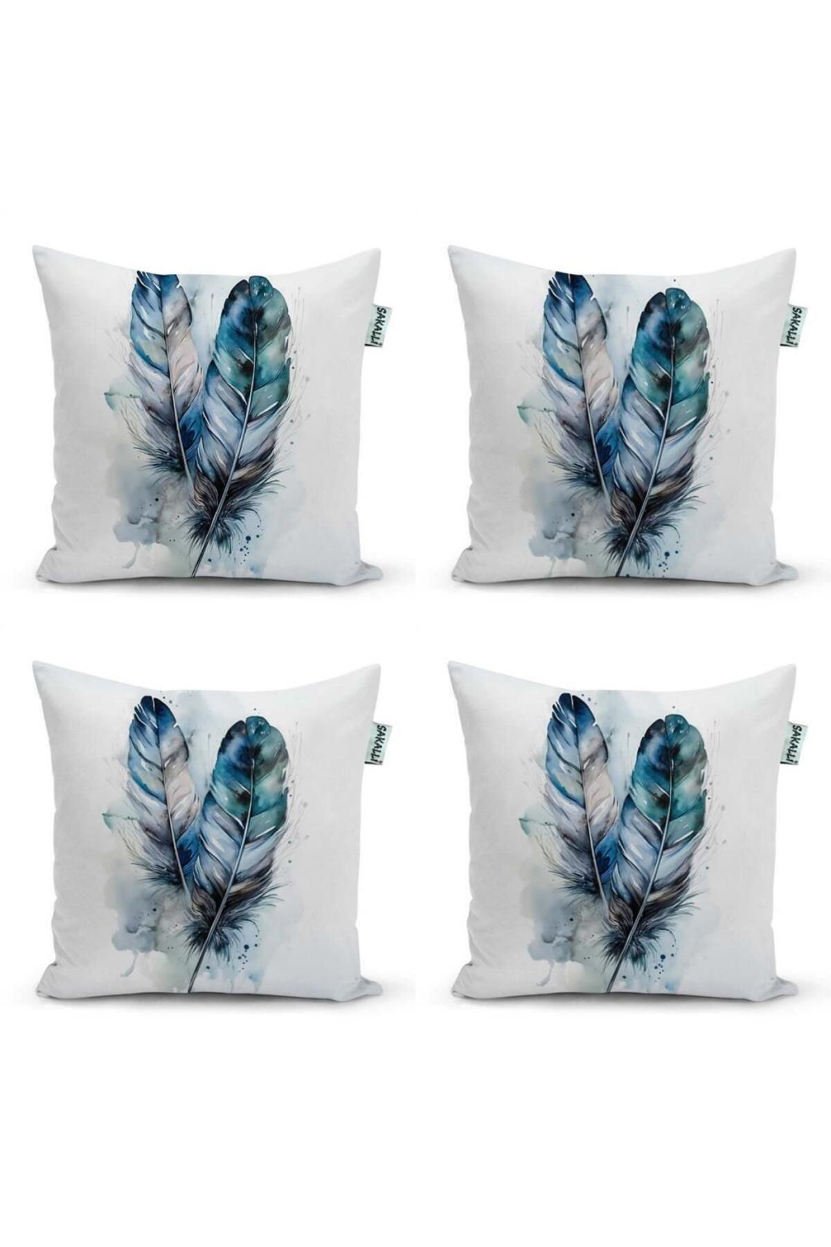 Sakallı Mavi Şans Tüyü Desen 3D Dijital Baskılı Dekoratif 4Lü Kırlent Kıl