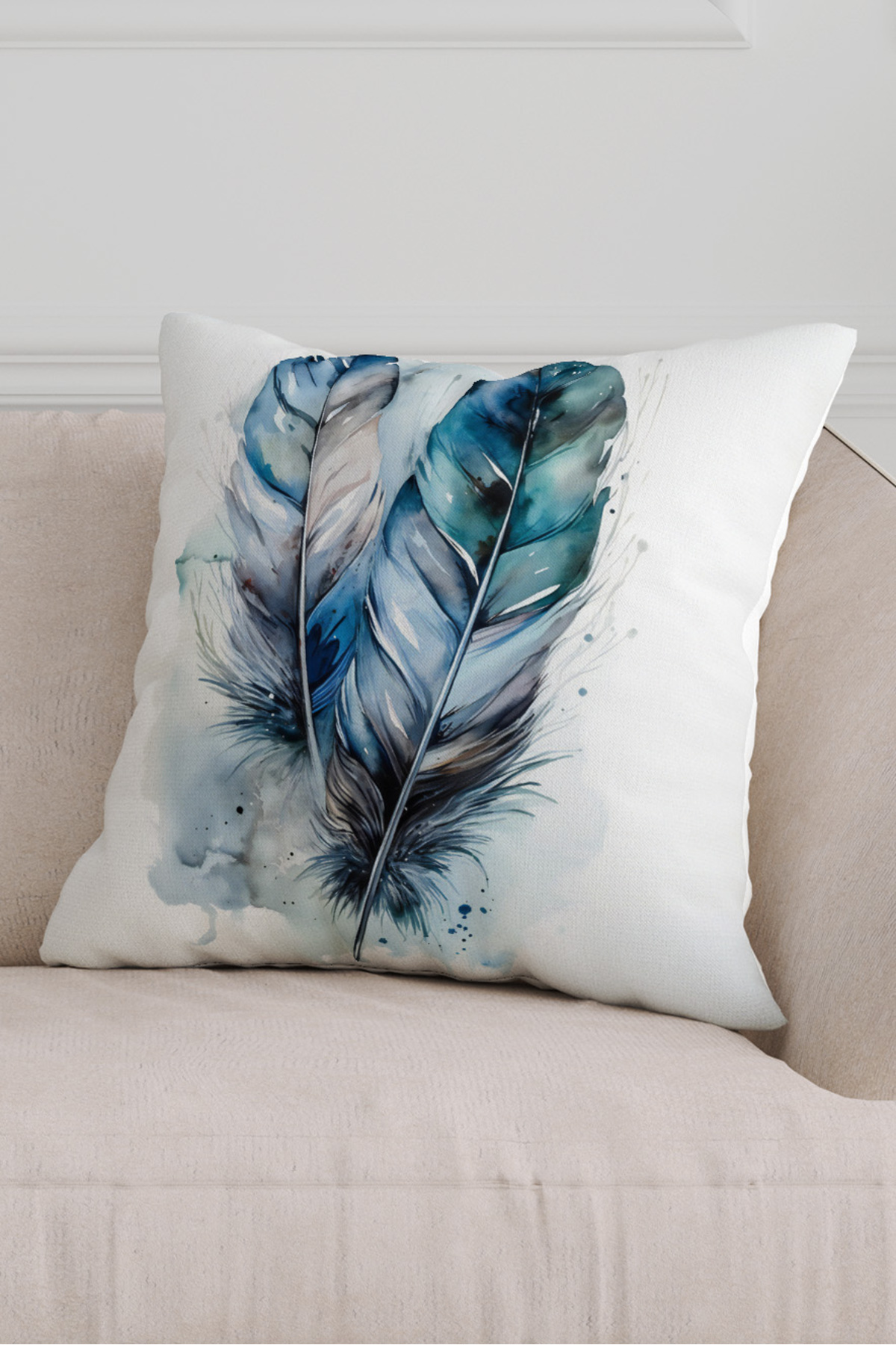 Mavi Şans Tüyü Desenli  Dijital Baskılı Dekoratif Kırlent Yastık 